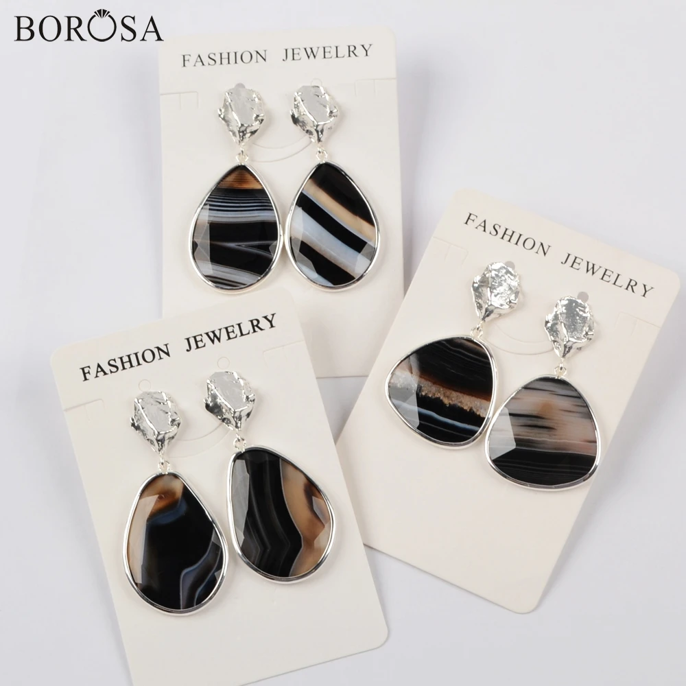 BOROSA Design 5Pairs Gold Plating Bezel Freefrom Shape Natural Onyx Agates Dangle Earrings Mixed Colors Women WX1178 | Серьги