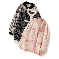 elegant women knit sweater cardigans retro o neck single breasted pink white plaid long open stitch loose winter knit jacket