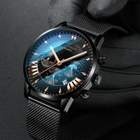 luxury mens fashion business calendar watches blue stainless steel mesh belt analog quartz watch mens watch