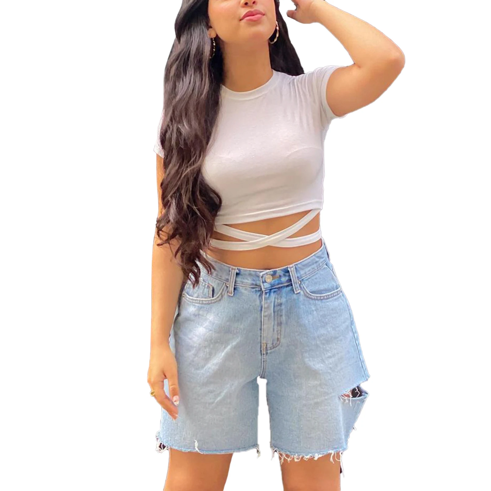 

Summer Women\u2019s High Rise Denim Shorts Casual Frayed Hem Washed Short Jeans with Ripped Holes