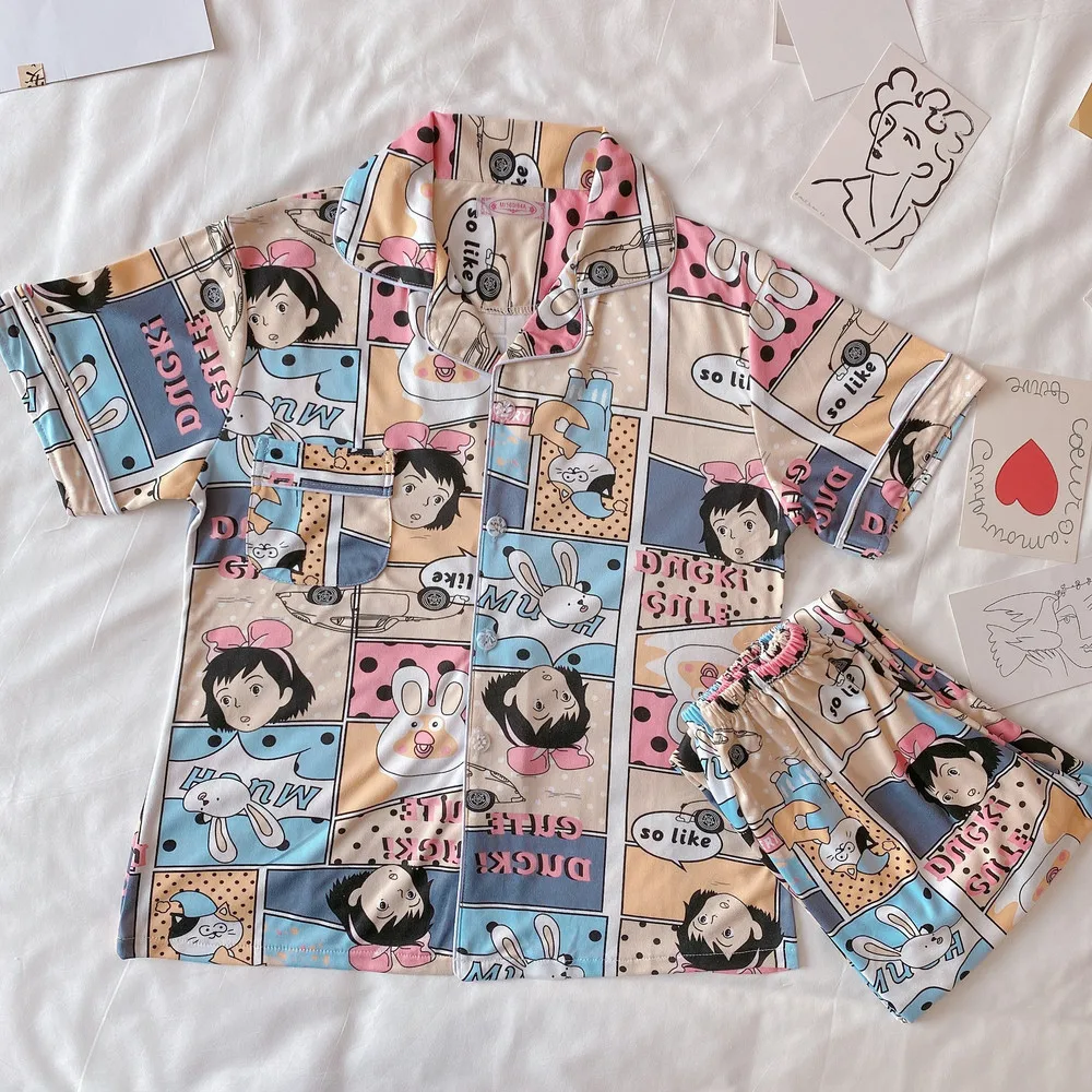 

Summer Cartoon Graffiti Print Short Sleeve Women Pajamas Set Trousers Cardigan Pyjamas 2 Piece Suit Sleepwear Lapel Pajama Set
