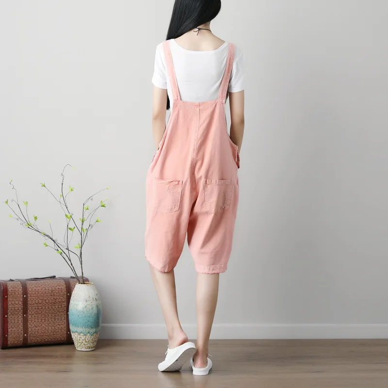 Летний Тонкий женский комбинезон свободного покроя из хлопка и льна рваные