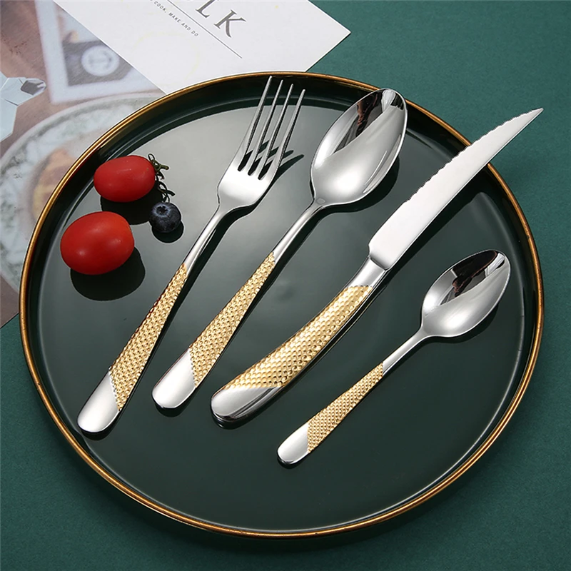 

Household luxury golden stainless steel tableware fork knife spoon set of 24 high-quality tableware children's wooden tableware