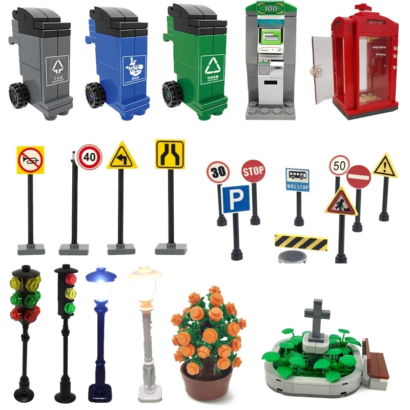 

MOC City Phone ATM Road Traffic Light Sign Trash Can Model Building Block Bricks Diy Classic Kids Toys For Children Gifts