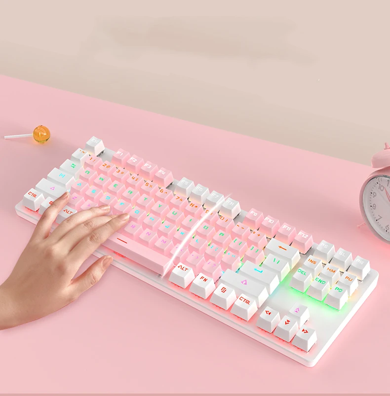 

Механическая клавиатура Ture, милая портативная игровая мышь для ноутбука и офиса, 87 клавиш, голубая ось, розовая девушка