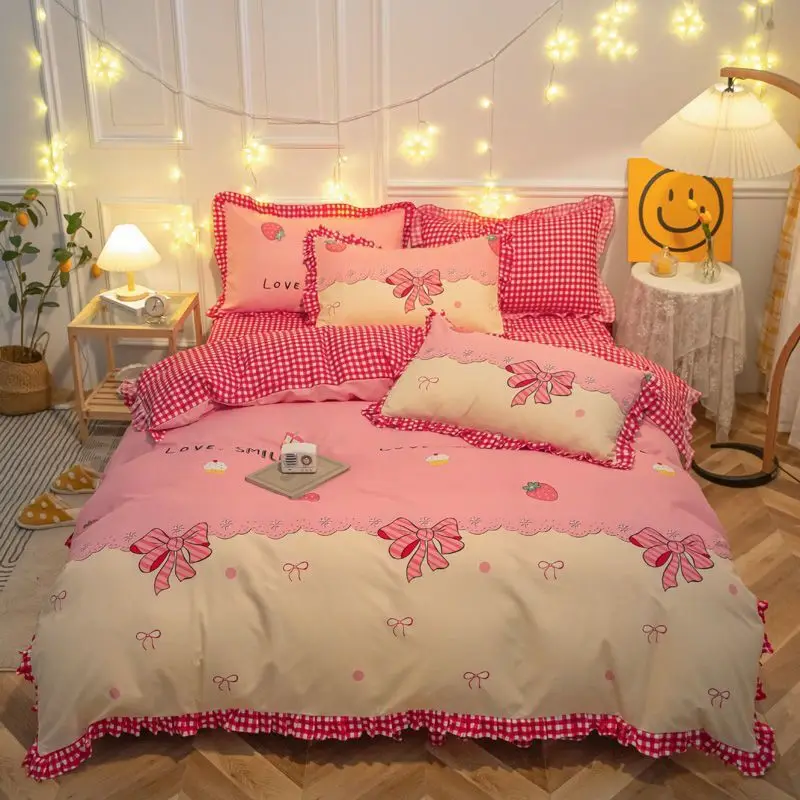 

Cute Pink 4 Sets King Queen Double Size Girls Bedding Set Ruffles Korean Bed Set Lace Bed Skirt Set Princess Duvet Cover