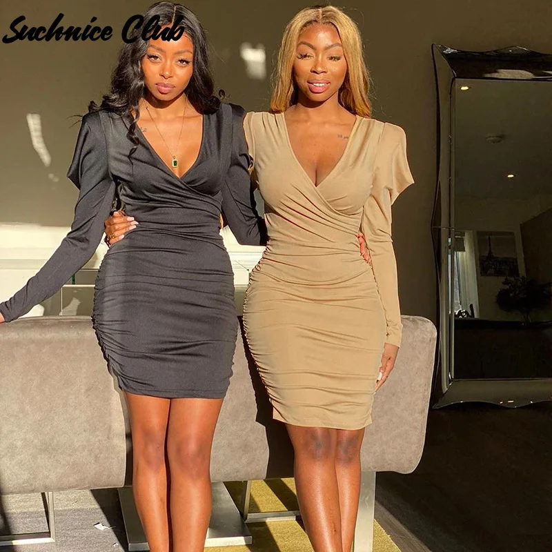 

Sexy Deep V Slim Fit Ruffle Dress Solid Color Long Sleeve Mini Tight Dress Bodycon Dresses for Women