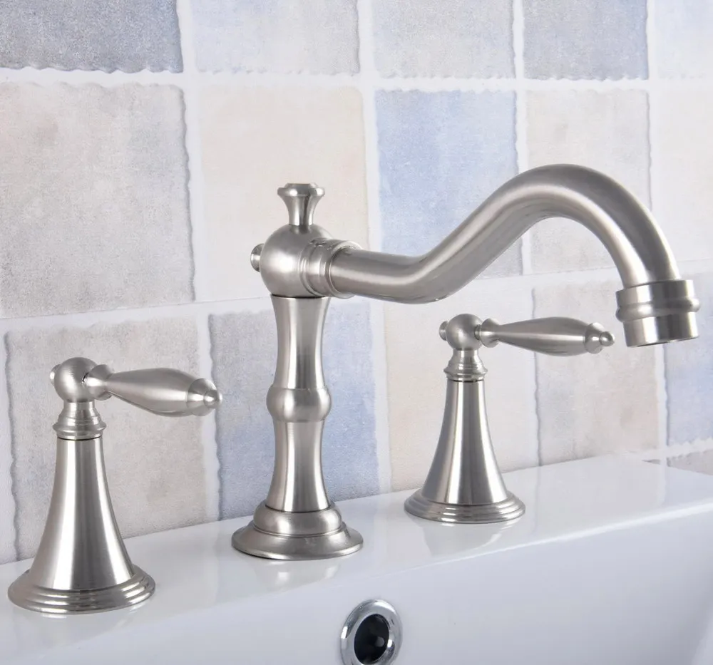 

Brushed Nickel Brass Deck Mounted Bathroom Basin Faucet Widespread Vanity Sink Mixer Tap Three Holes/Two Handles anf685