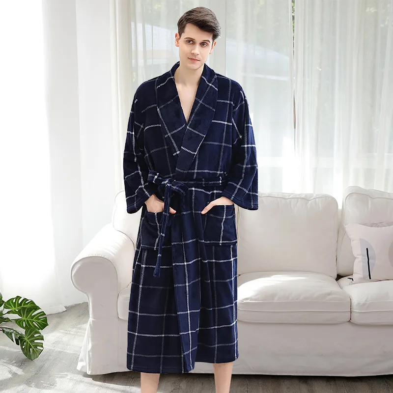 Men Plaid Navy XXXL 130 кг плюс большой размер зимний мужской банный халат толстый теплый плед Фланель кимоно дом халат мужской роскошный спальный халат - Цвет: Men Plaid Navy