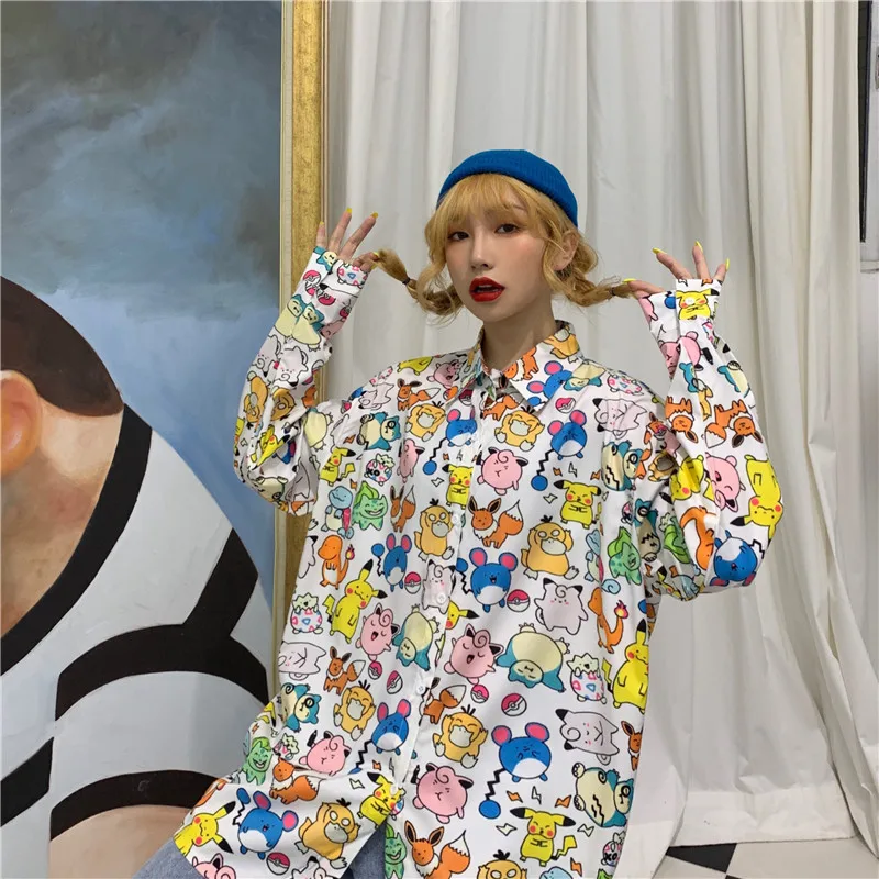 Harajuku BF Стильная дизайнерская женская блузка белая с мультяшным принтом отложной