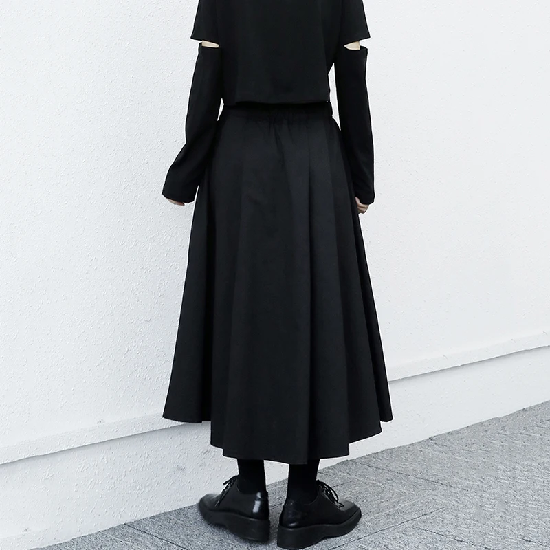 

[EAM] Vintage Belt Big Hem Black Pleated High Elastic Waist Half-body Skirt Women Fashion Tide New Spring Autumn 2021 1DD5023