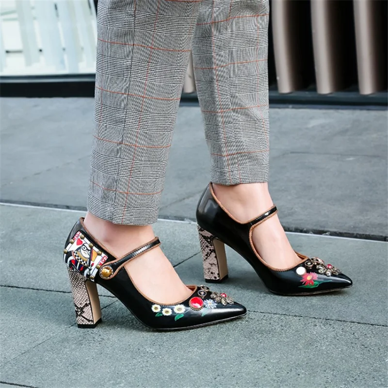 Women Single Shoes Buckle Mixed Colors Shallow Mary Janes Sandalias Mujer Embroidery Pointed Toe Rhinestone Sexy Sandalias Mujer