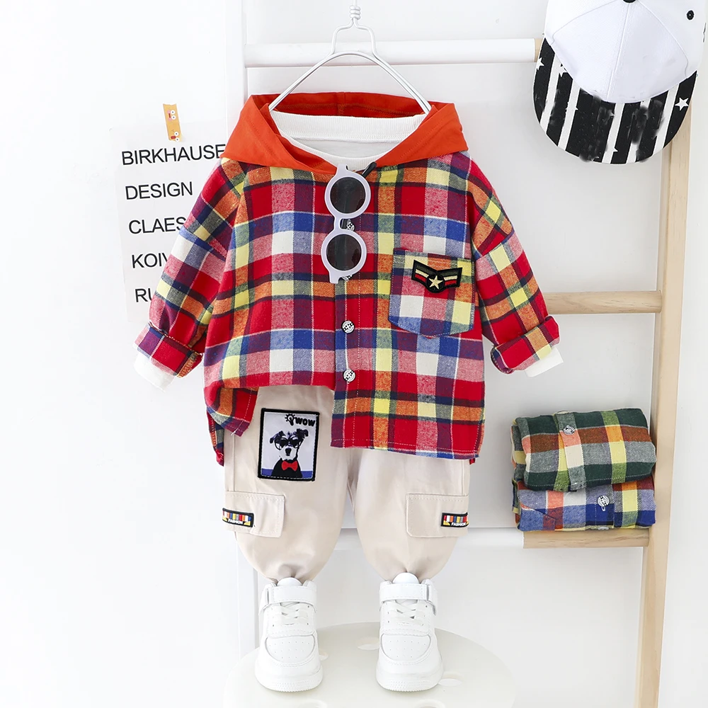 Одежда для малышей платье в клетку мальчиков и девочек топ с капюшоном + штаны