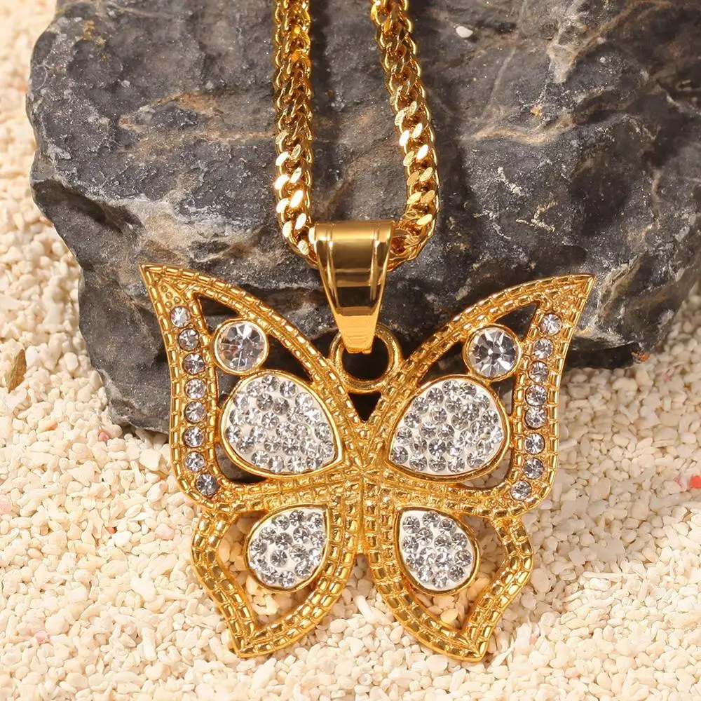 

Fashion Stainless Steel Rhinestone Butterfly Pendant necklace for Men Women hip hop jewelry making Gift Dropshipping