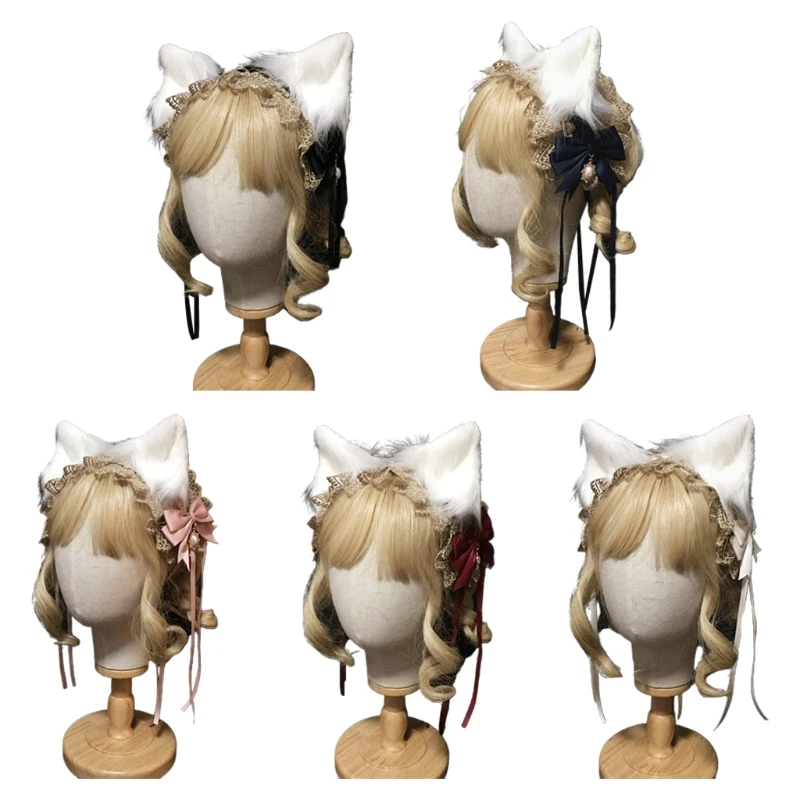 

Japanese Lolita Maid Golden Lace Headband Ribbon Bow Plush Kitten Ears Hairband