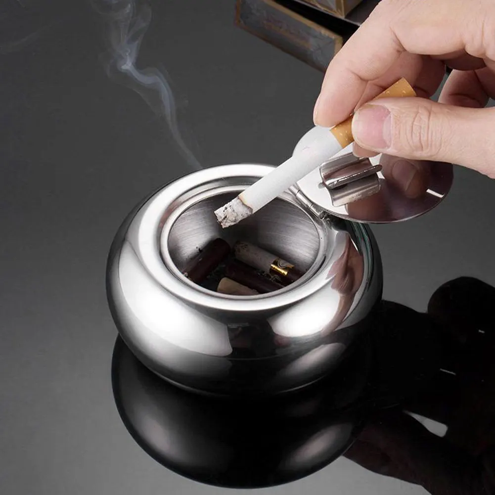 

2PCS Ashtray Portable Stainless Steel Windproof Round Tabletop Ash Holder With Lid Home Livingroom Lighters Smoking Accessories