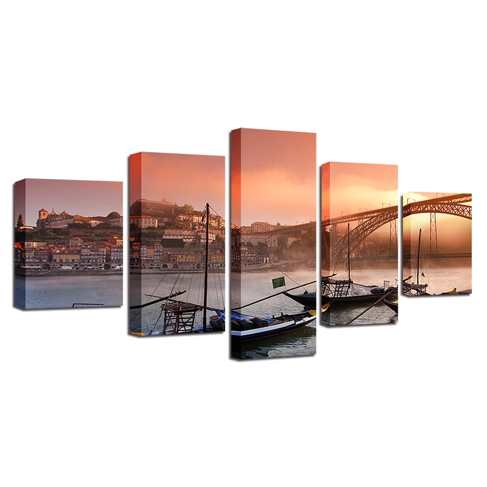 

Framework Canvas Pictures Modular Poster Wall Art 5 Pieces Iron Bridge Ship Sunset Scenery Paintings HD Prints Living Room Decor