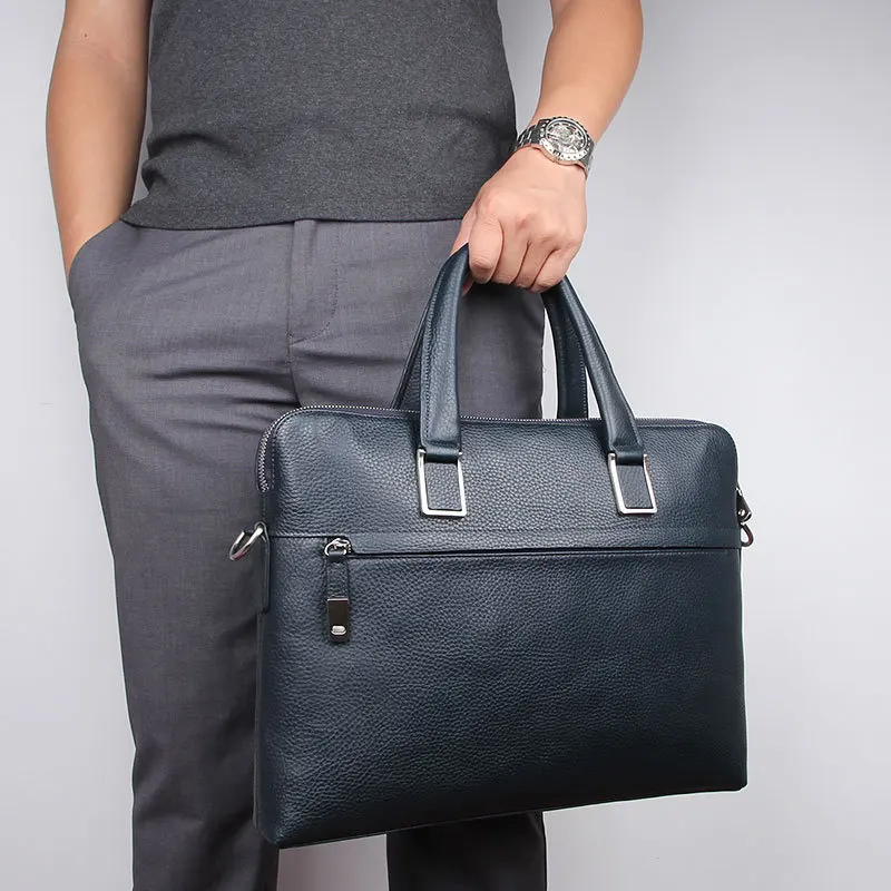 Nesitu Highend Black Chocolate Blue Genuine Leather 14'' Laptop Office Men's Briefcase Business Messenger Bag A4 Portfolio M7412