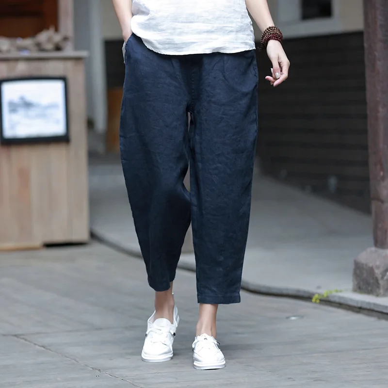 

2021 New Style Casual Loose Women Calf-length Pants Spring Summer Fashion Solid Cotton Linen Women Pants Plaid Woman Clothes