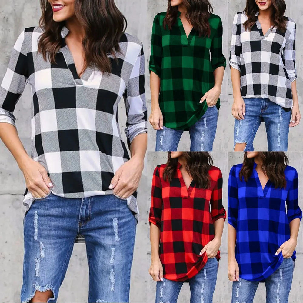 

New Fashion Female V Neck Long Sleeve Casual Slim Women Plus Size Shirt Checkered Plaid Blouse Office Lady Tops