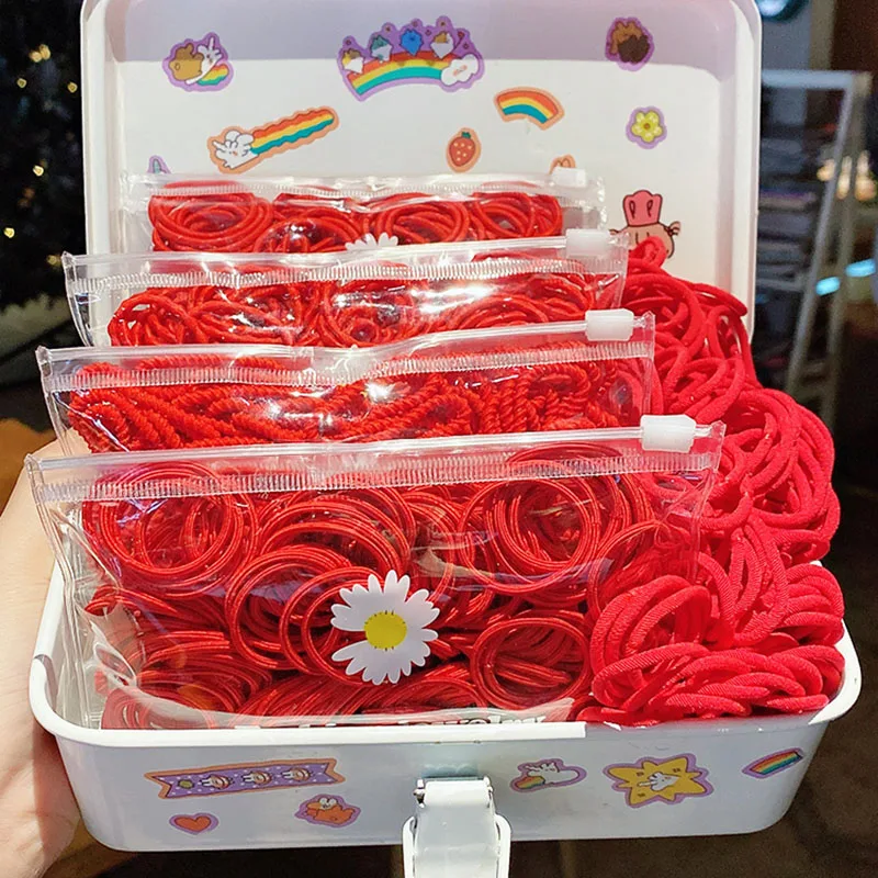 

100pcs/bag Red Elastic Hair Bands Rubber Ring Baby Kid Hair Accessories Children Adult Ponytail Rope Ties New Year Headwear