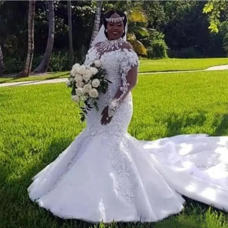 

Africa Plus Size Mermaid Wedding Dresses 2024 High Neck Long Sleeves Appliques Lace Crystals Bridal Gowns Vestidos