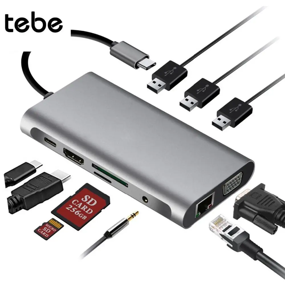tebe 10 в 1 Тип C концентратор Разветвитель USB до 4K HDMI VGA RJ45 гигабит Ethernet док станция 3 5