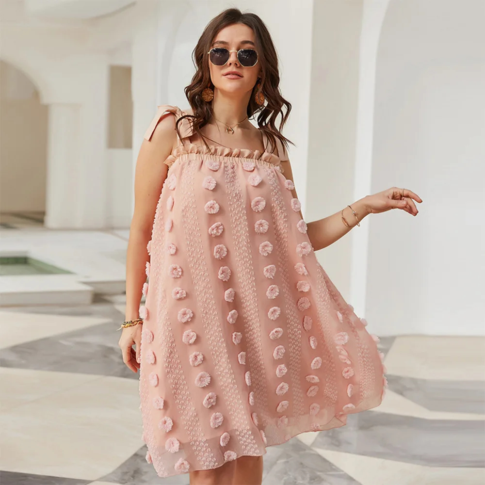 

DOIB Women Pink Spaghetti Strap Dress Plus Size Strapless Sleeveless Jacquard Weave Dress 2021 Summer Fashion 4XL Dress