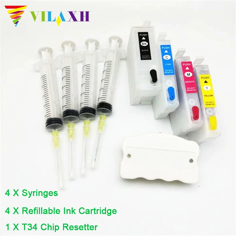 Vilaxh T34 34 XL обломок resetter+ 4 шт. WF3725 перезаправляемый картридж без чипа для Epson WF3720 WF-3720DWF WF-3725DWF WF3725