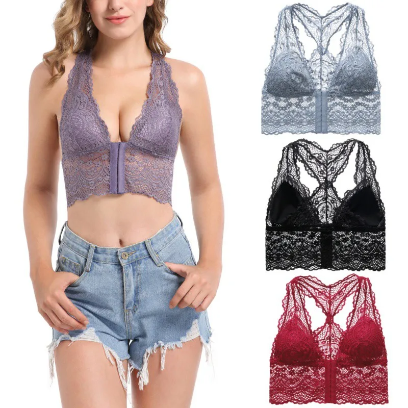 Кружевной бюстгальтер с застежкой спереди Женский Регулируемый спортивный