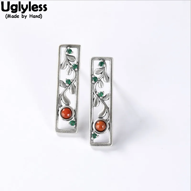 

Uglyless Ethnic Hollow Leaves Earrings for Women Zircon Agate Lapis Studs Earrings Square Brincos Thai Silver 925 Silver Jewelry