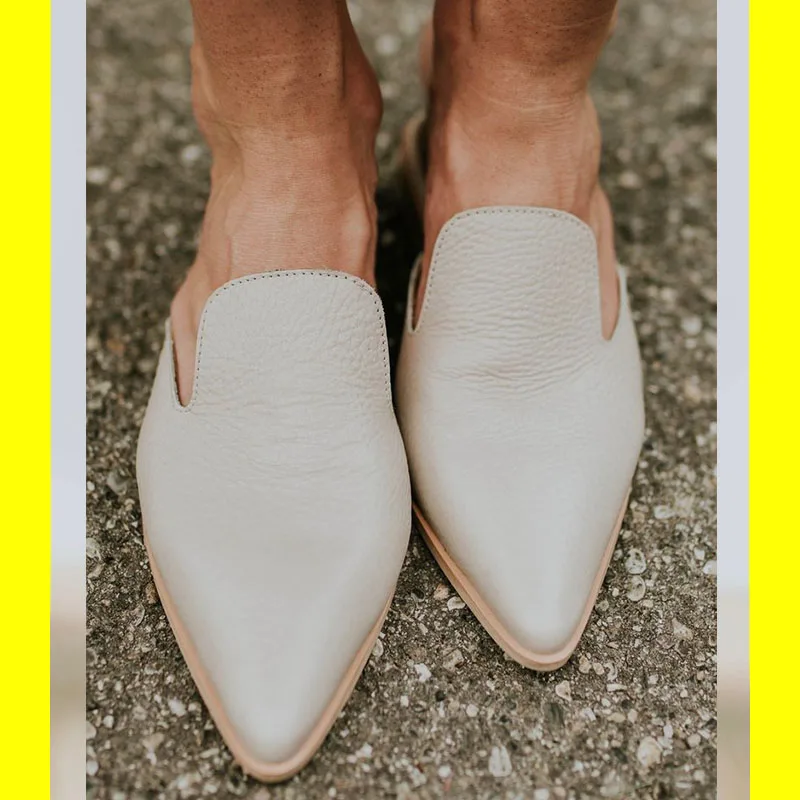 

2020 women Summer shoes Flats Mules Lady Slippers Slip On Pointed Toe ladies Mules Outdoor PU Leather Slipper Shoes Woman Slides