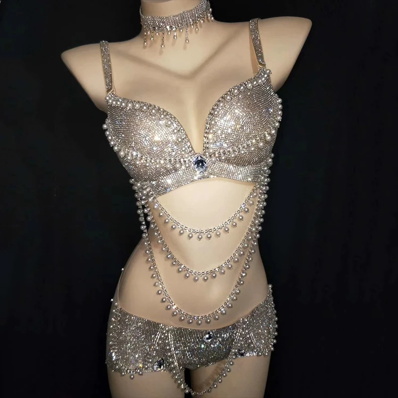 

Sparkly Rhinestone Bikini Women Pole Dance Costume Nightclub Bra DJ DS Gogo Clothing Festival Party Outfits Rave Clothes VDB2321