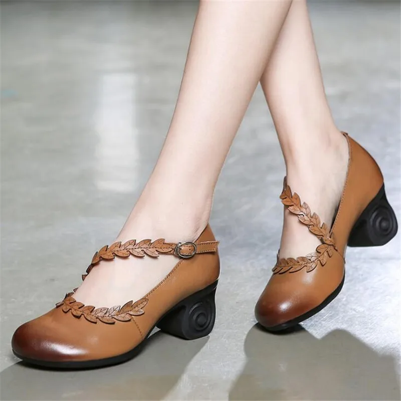 

CEYANEAOWomen High Heels Shoes Spring Autumn Platform Handmade Genuine Leather Retro Woman Pumps Women Shoes