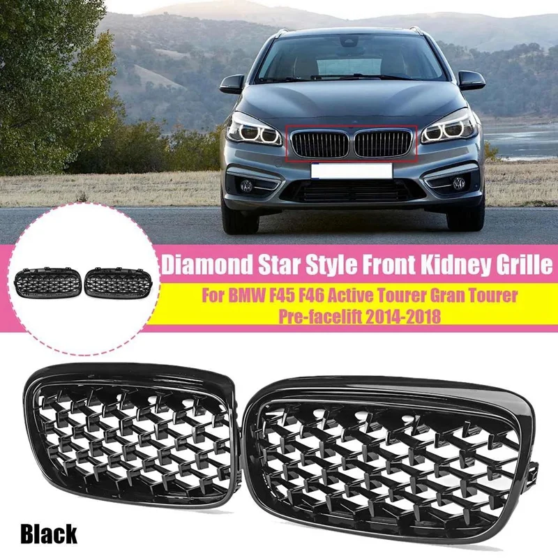 

2X Gloss Black Front Kidney Bumper Grille Mesh Diamond for -BMW F45 F46 Active Tourer 2014-2018