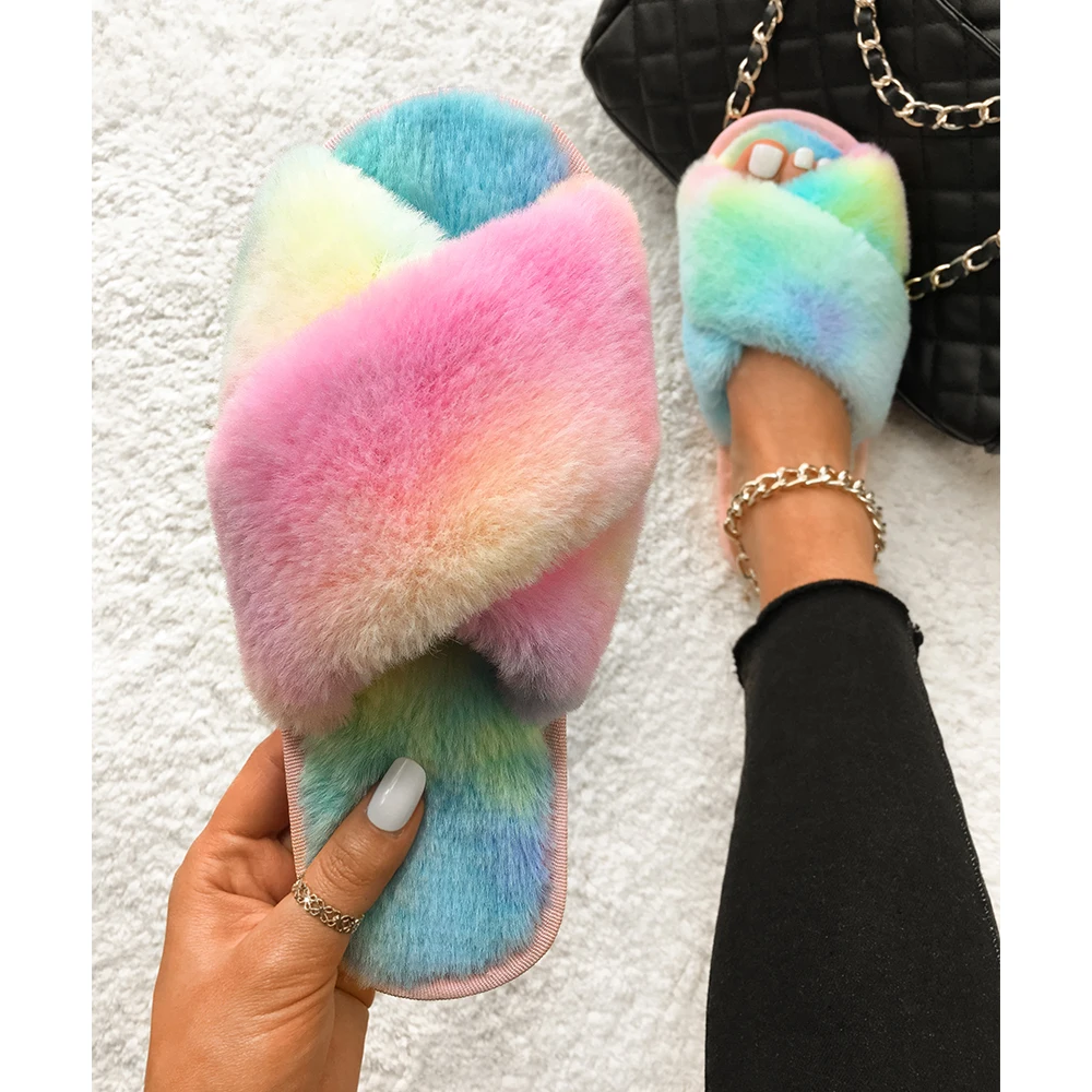 

Furry Fur Slippers Fluffy Flip Flops Women Faux Fur Slides Winter Warm Cross Strap Slippers Indoor Plush Sandals Home Flat Shoes