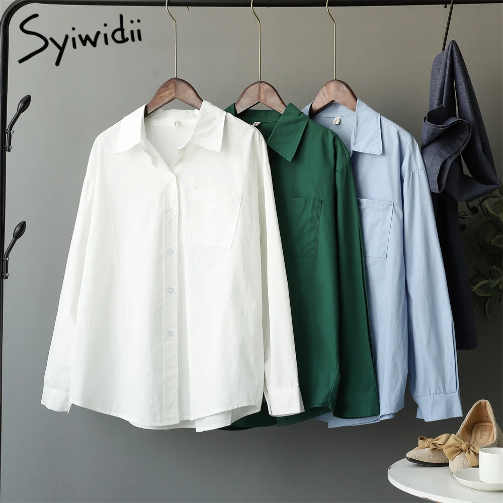 

Syiwidii Green Button Up Shirt Women Long Sleeve Turn Down Collar Oversized Loose Style Casual Cotton White Tops OL Blue Blouses