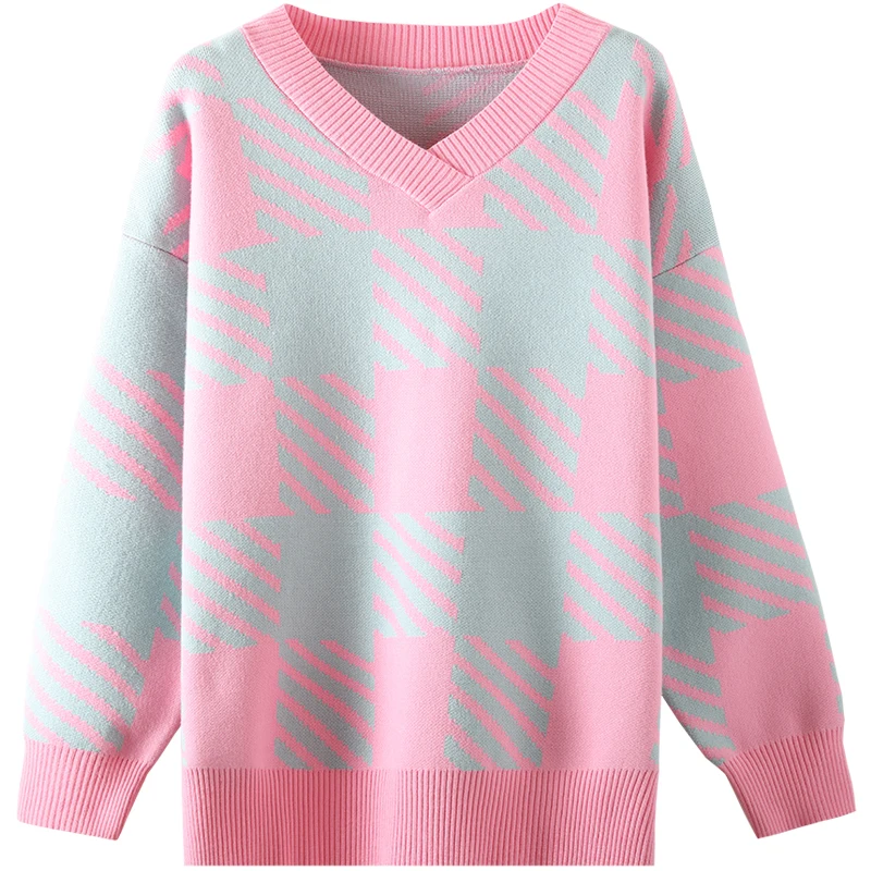 

Loose Oversized Pullover Sweater Plaid Top Women Casual Long Pullover Sweaters Long Pull Femme Womens Elegant Sweaters HH50MY