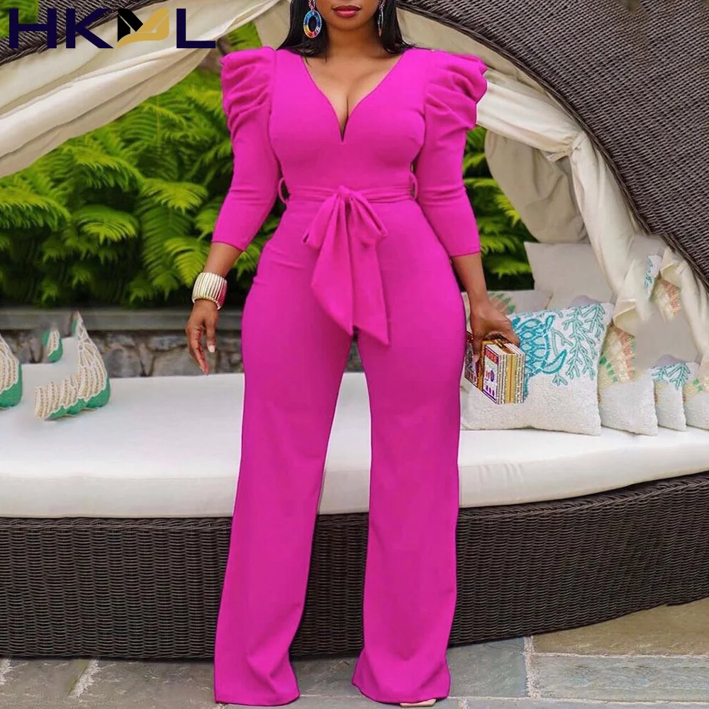 

New Arrivals 2021 Autumn Fall Women Clothing Jumpsuits Pink Puff Sleeve High Waisted V Neck Elegant Evening Night Rompers Cloth