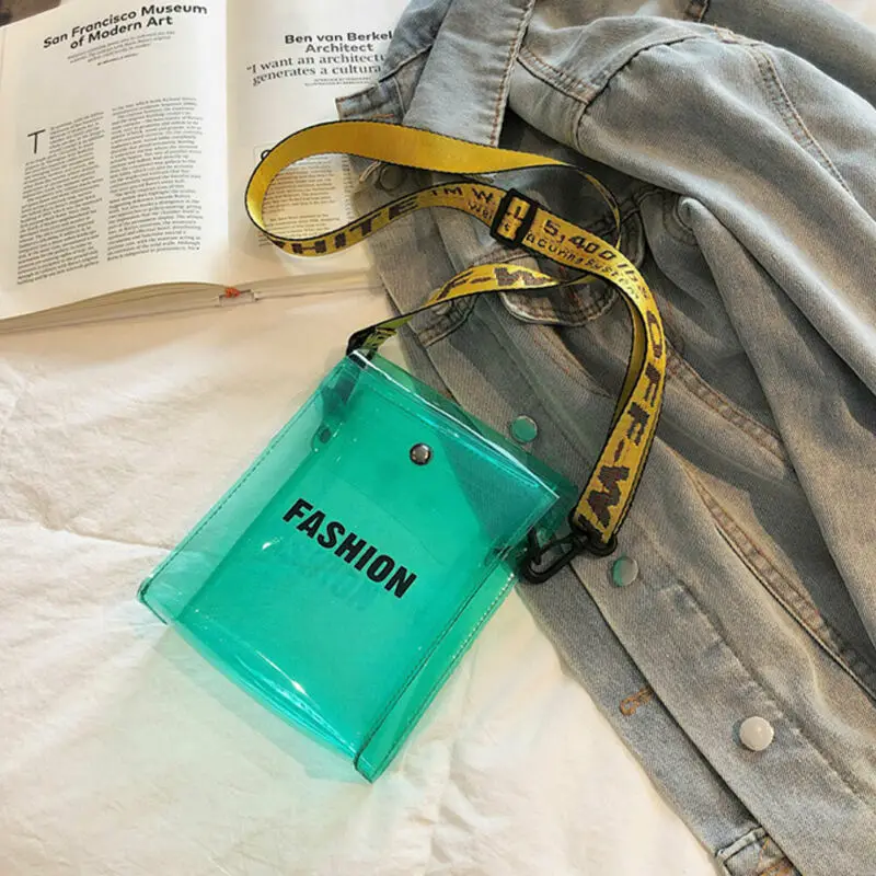 

Fashion PVC Transparent Clear Handbag Woman Crossbody Bag Shoulder Bag Lady Handbag Jelly Small Phone Bags With Wide Straps Flap