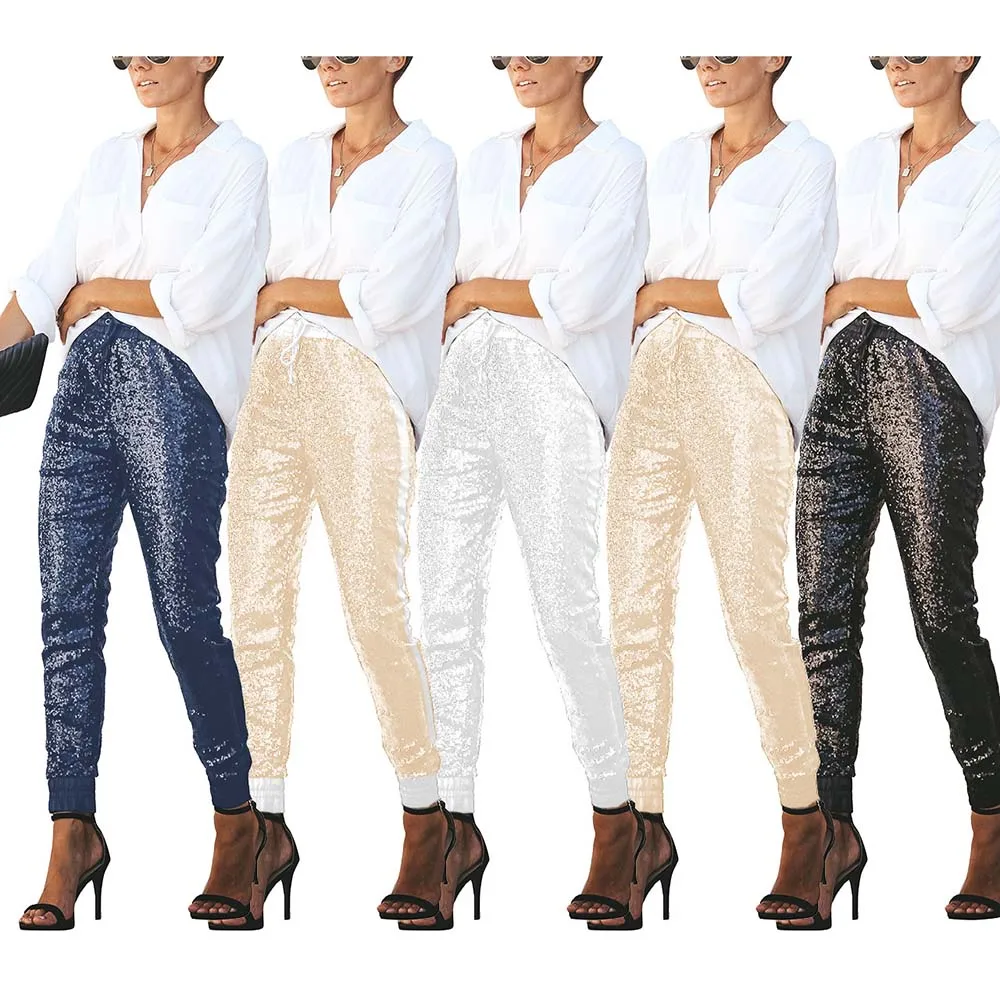 Брюки с блестками женские Капри поясом брюки высокой талией F0655 эластичная ткань
