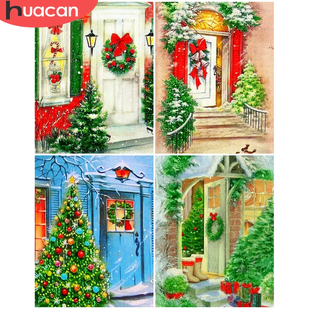 

HUACAN Coloring By Number Winter Door Drawing On Canvas HandPainted Art Gift DIY Oil Painting Christmas Tree Kits Home Decor