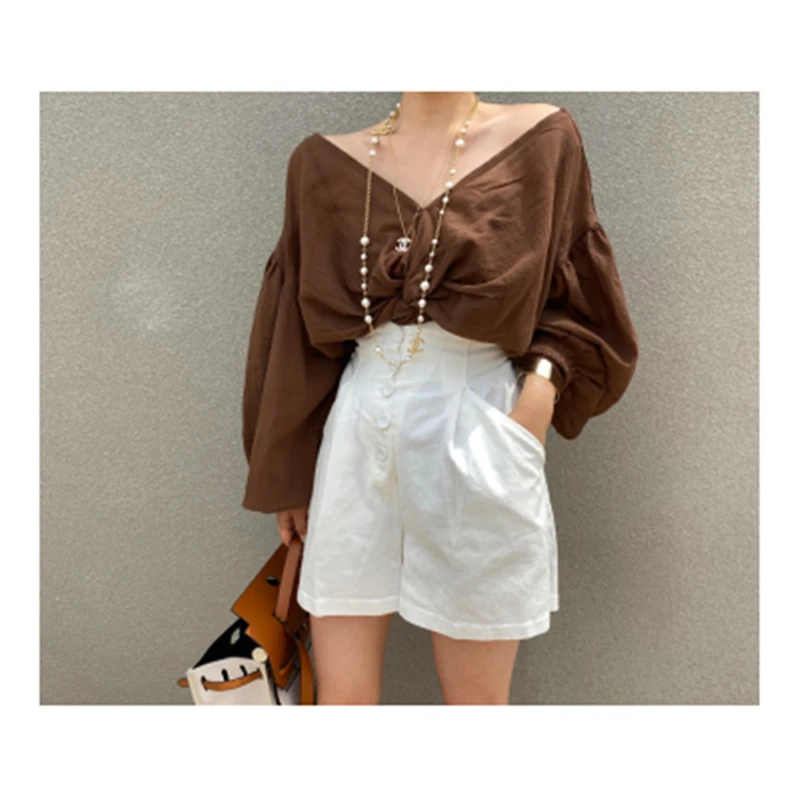 Женские пикантные блузки осенние свободные рубашки в Корейском стиле с большим V