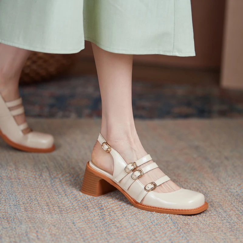 

Osunlina Retro Woman Sandals Handmade Elegant Square Toe High Heels Sandals Comfortable Cow Leather Summer Shoes Lady 2021 New