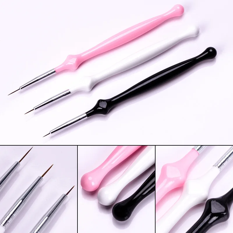 

3Pcs/set Nail Art Brush Pink White Black Acrylic Handle Thin Liner Drawing Pen Painting Stripes Flower Nail Art Design Tools