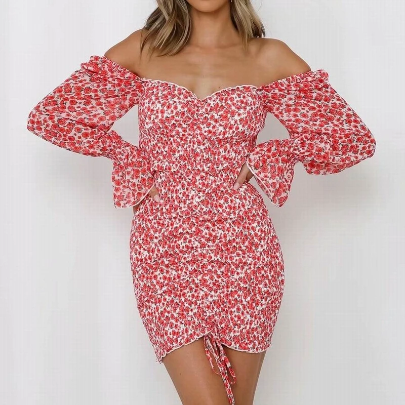 

Сексуальное женское платье, лето 2021, новое модное, с длинным рукавом и вырезом-лодочкой, Современное женское мини-платье с принтами