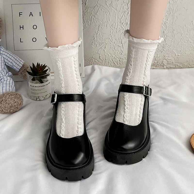 

Rimocy Black Pu Leather Mary Janes Women 2022 Round Toe Thick Bottom Women's Lolita Shoes Students Ankle Strap Platform Shoes