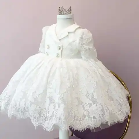 Платье с отложным воротником для маленьких девочек, детские платья на 1-й День рождения и свадьбу для девочек, белое кружевное бальное плать...