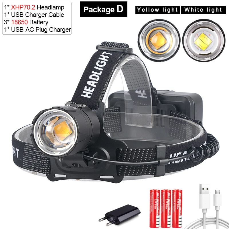 Package D Pocketman налобный фонарь мощный XHP70.2 светодиодный налобный светильник с зумом налобный светильник водонепроницаемый налобный светильник желтого и белого цвета светильник ing 18650 аккумулятор - Испускаемый цвет: Package D
