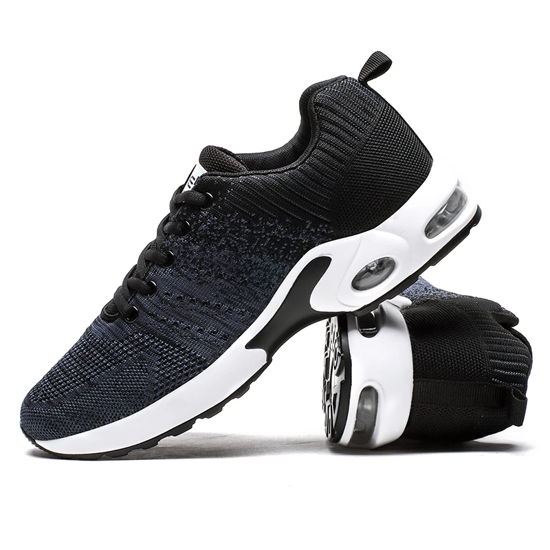 Blue and Black Модные Спортивные Повседневные теннисные туфли для влюбленных мужские и женские кроссовки дышащие сетчатые прогулочные туфли на воздушной подушке обувь на плоской подошве со шнуровкой 36-48 - Цвет: Blue and Black
